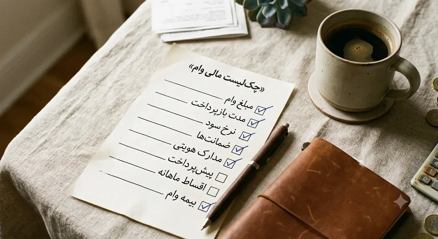 چکلیست کاغذی ورودیهای محاسبه وام مثل مبلغ، مدت و نرخ سود